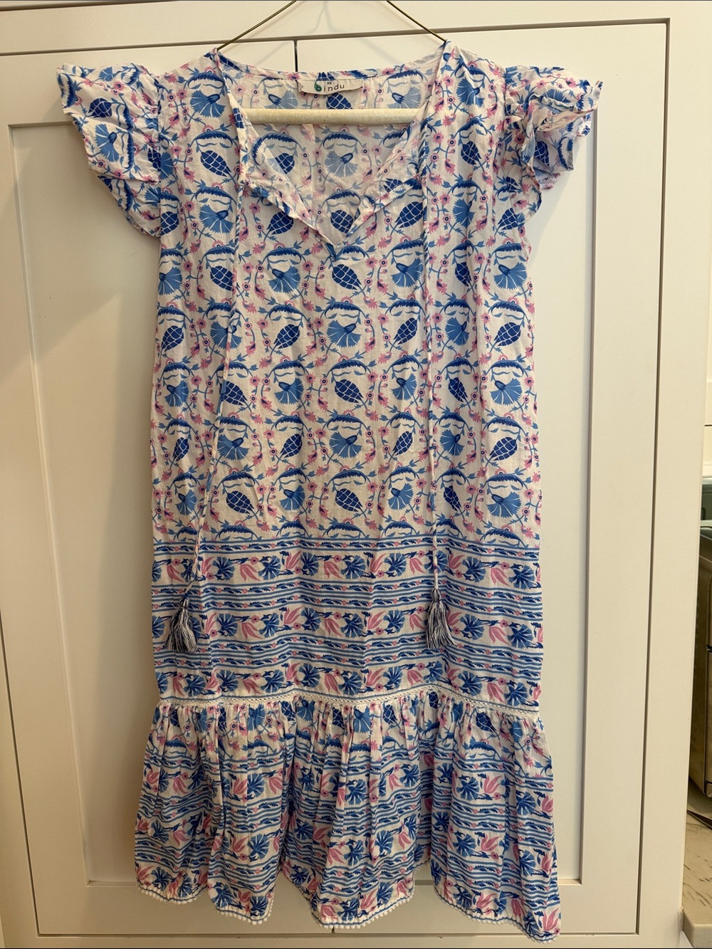 Bindu Blue & Pink Floral Printed 100% Cotton Dress